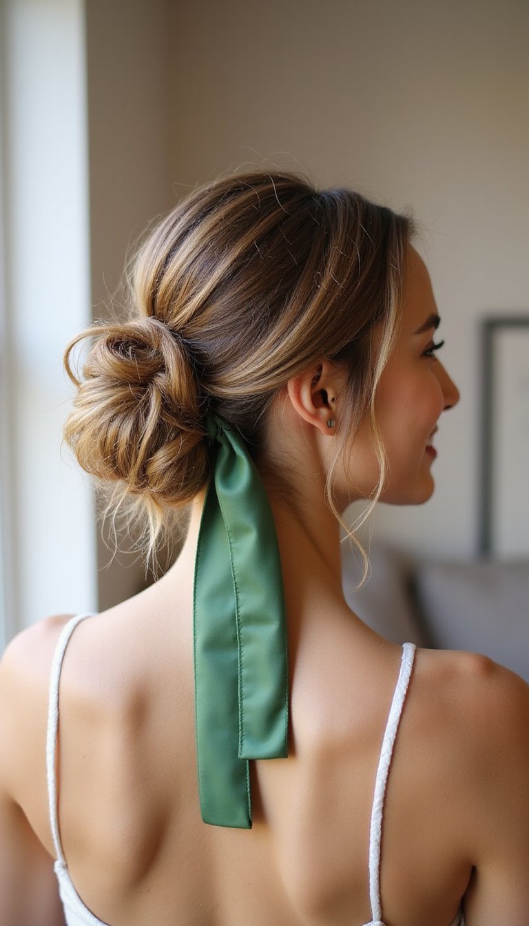 Messy Low Bun With Green Ribbon Accent