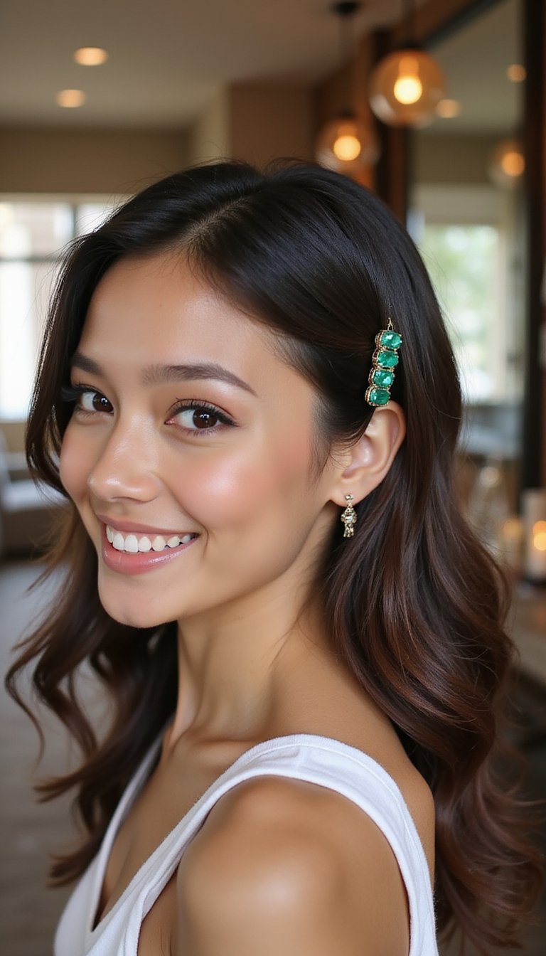 Sculpted Side Sweep With Emerald Hair Clip