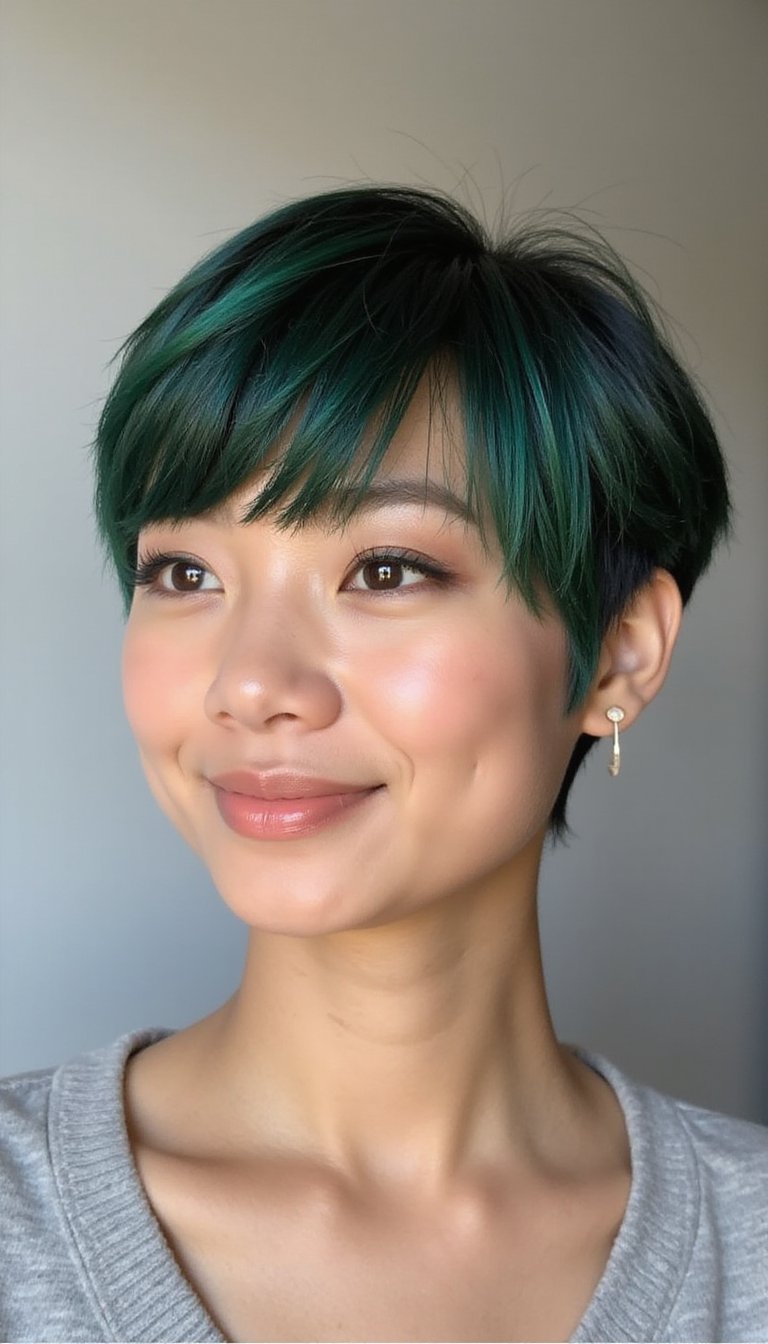Textured Pixie With Emerald Tip Highlights