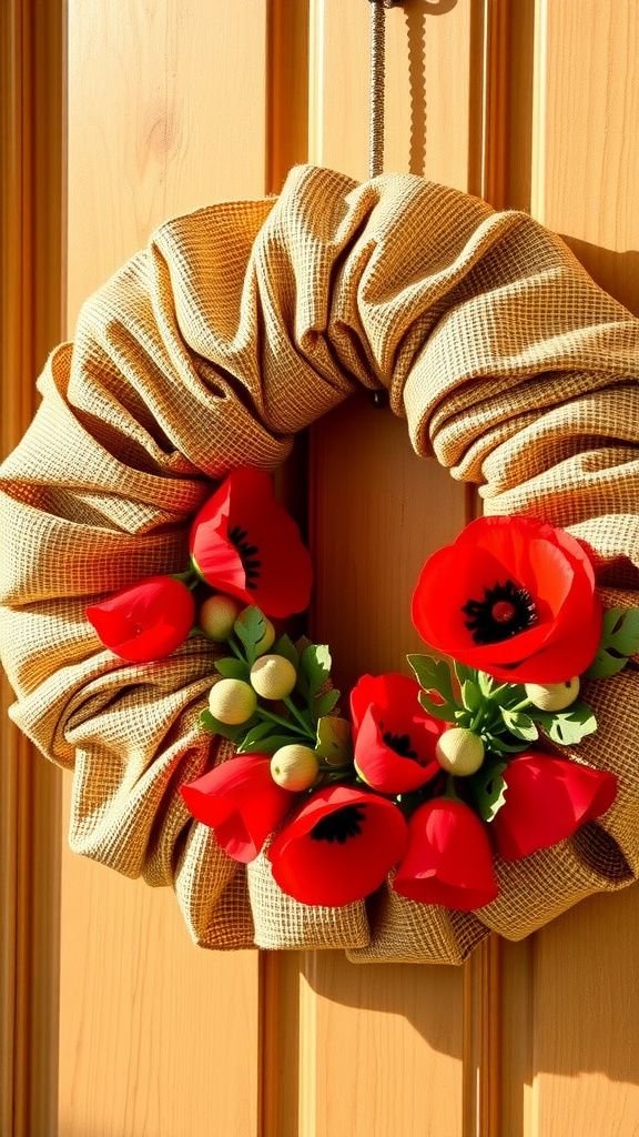 Burlap bloom wreath with poppy accents
