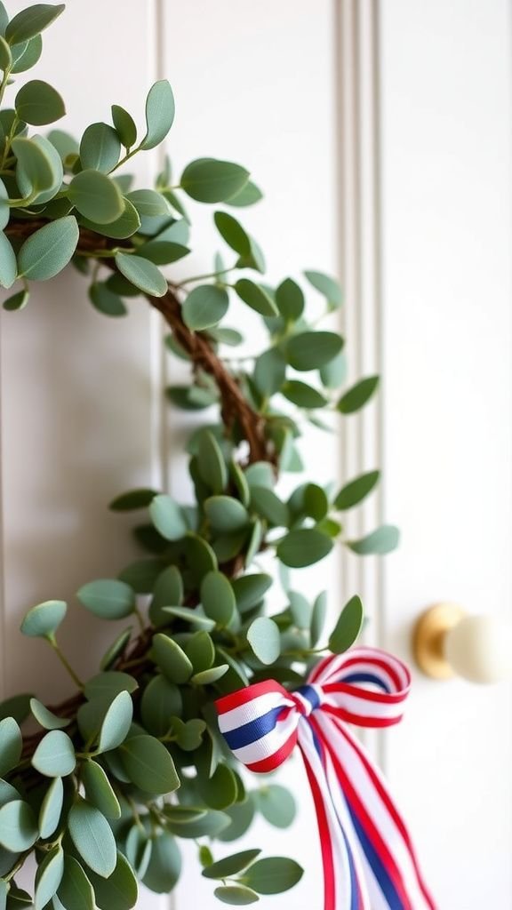 Eucalyptus sprigs and ribbon for gentle patriotism