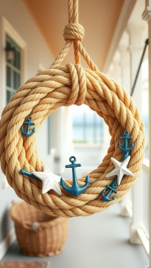 Knotted rope wreath with maritime charm