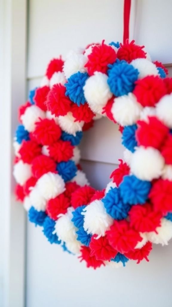 Patriotic yarn pom-pom wreath—playful and bright