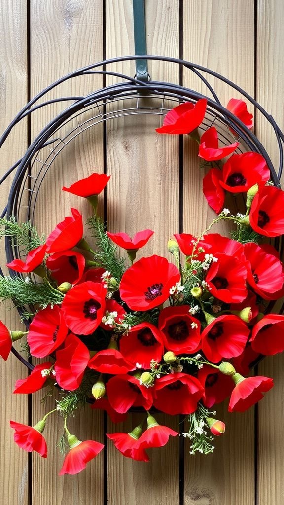 Poppy cluster arrangement on reclaimed wire frame