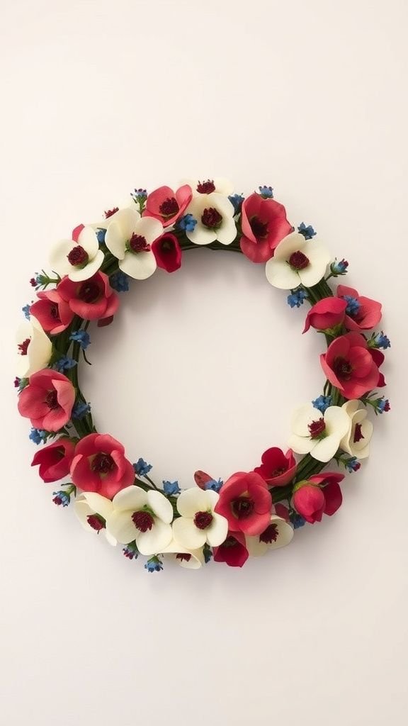 Pressed flower wreath with faded patriotic palette