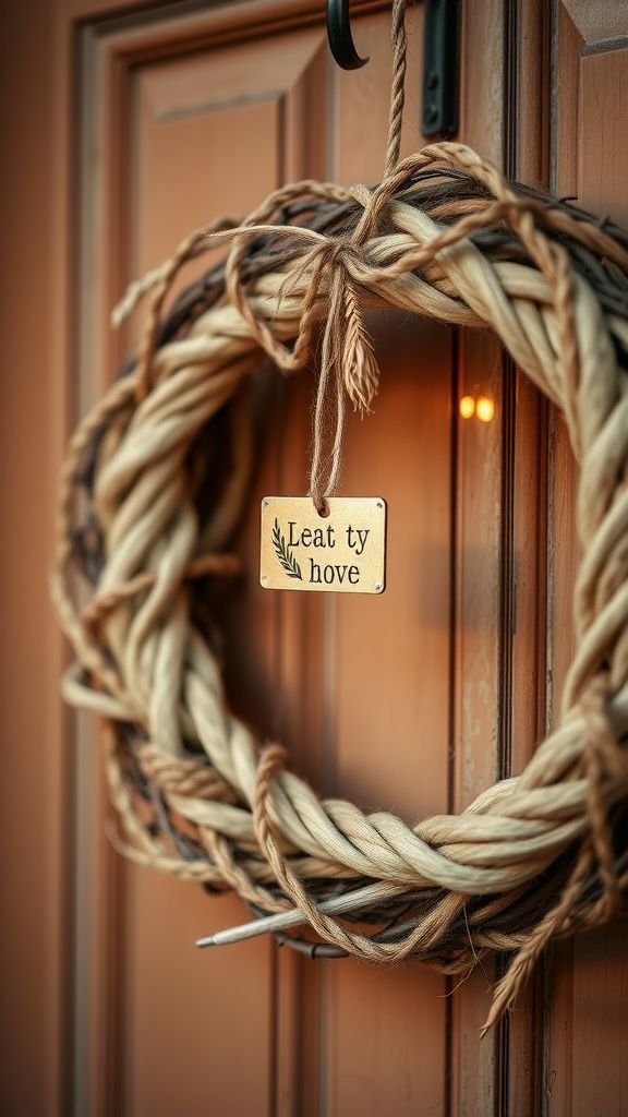 Rustic twine wrapped wreath with metal tag