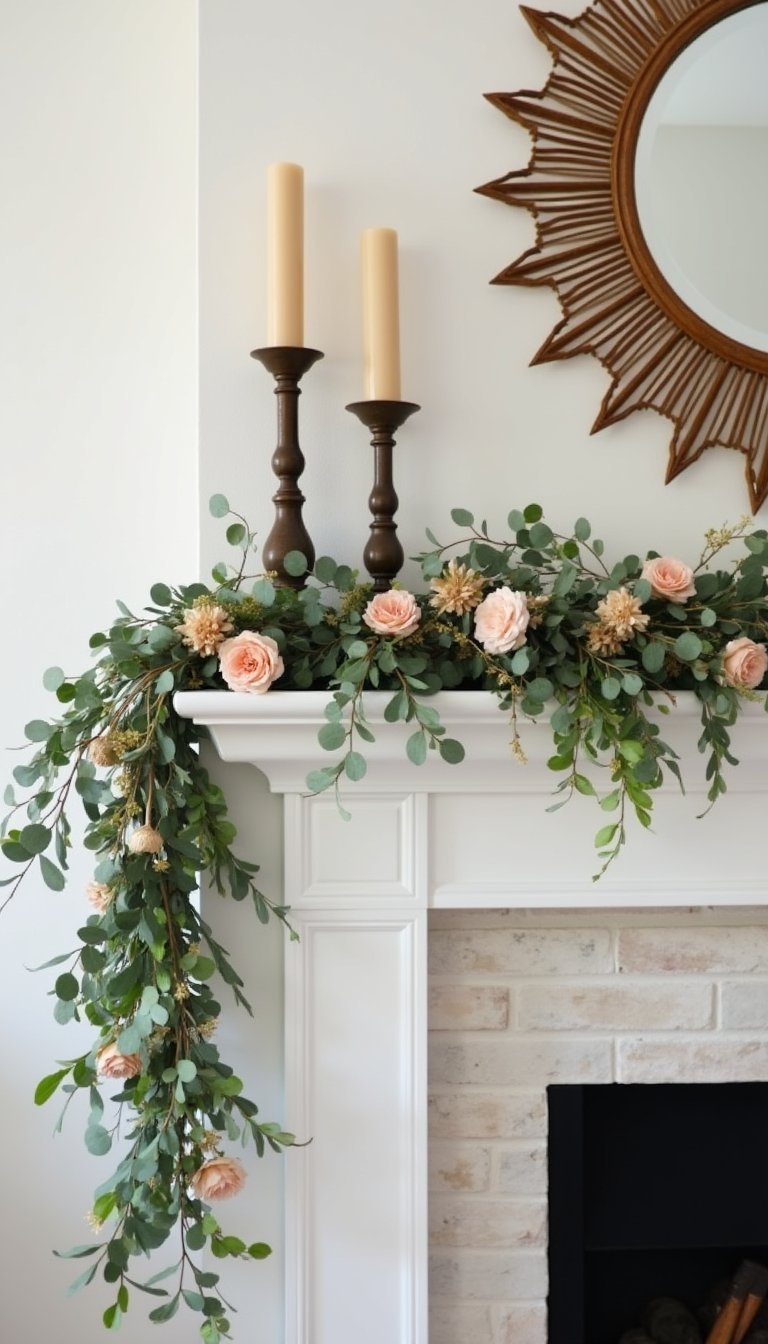 Floral garland draped over mantel or shelves