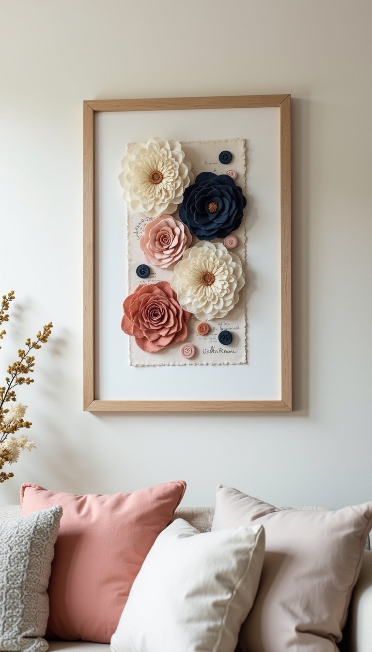 Mixed-media collage with fabric flowers and buttons