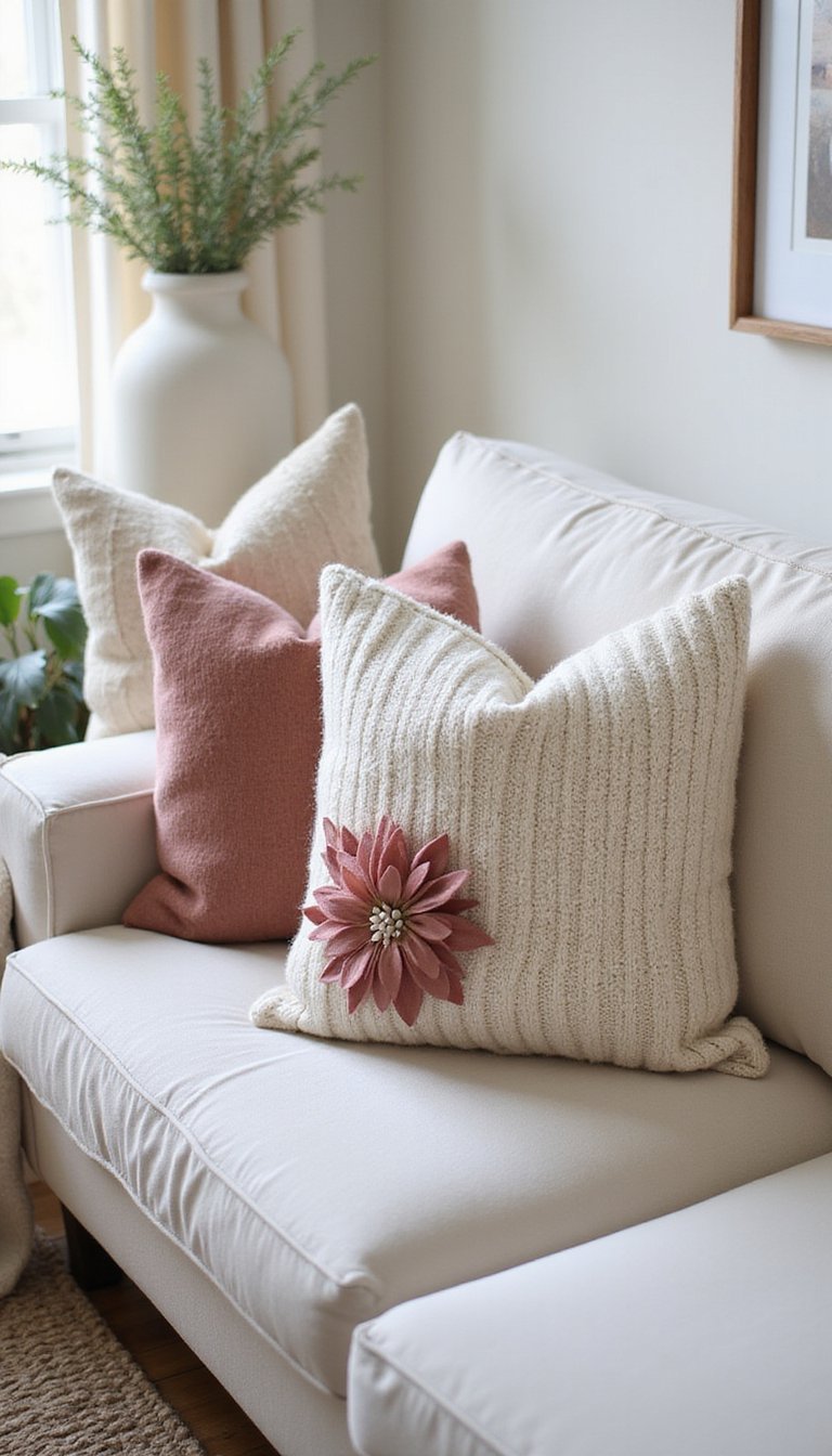 Upcycled sweater flower pocket throw pillows