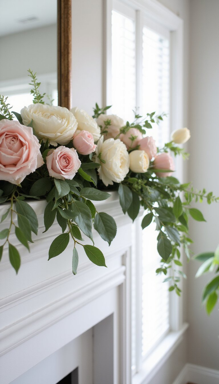 Fresh floral garland draped across mantel