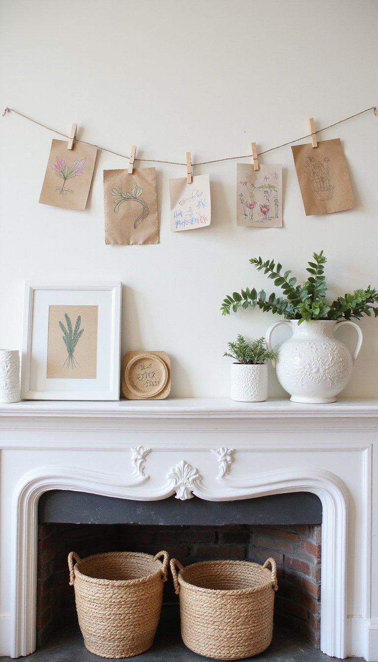 Kids’ craft gallery hung above mantel