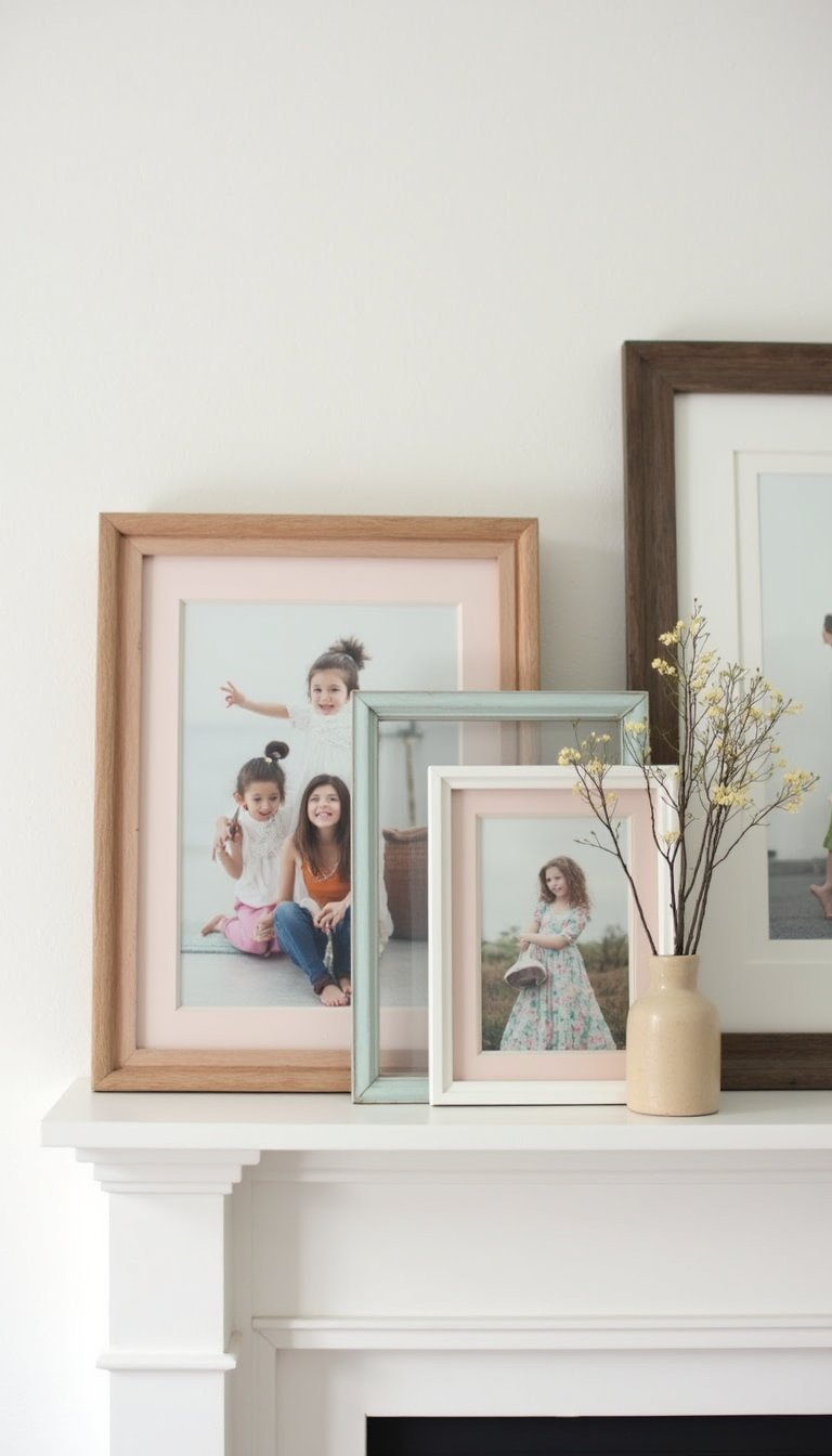 Layered framed family photos with pastel mats
