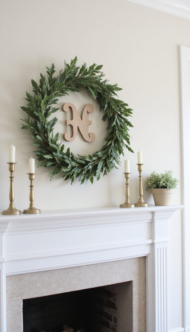 Monogram wreath centered above the mantel