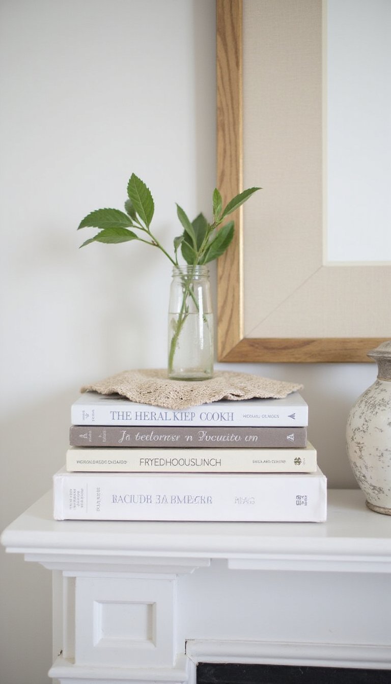 Stacked books and a petite vase arrangement