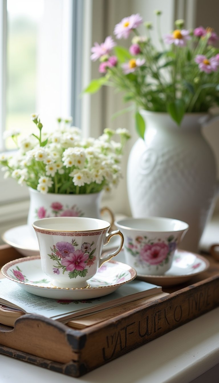 Teacup collection and vintage tray display