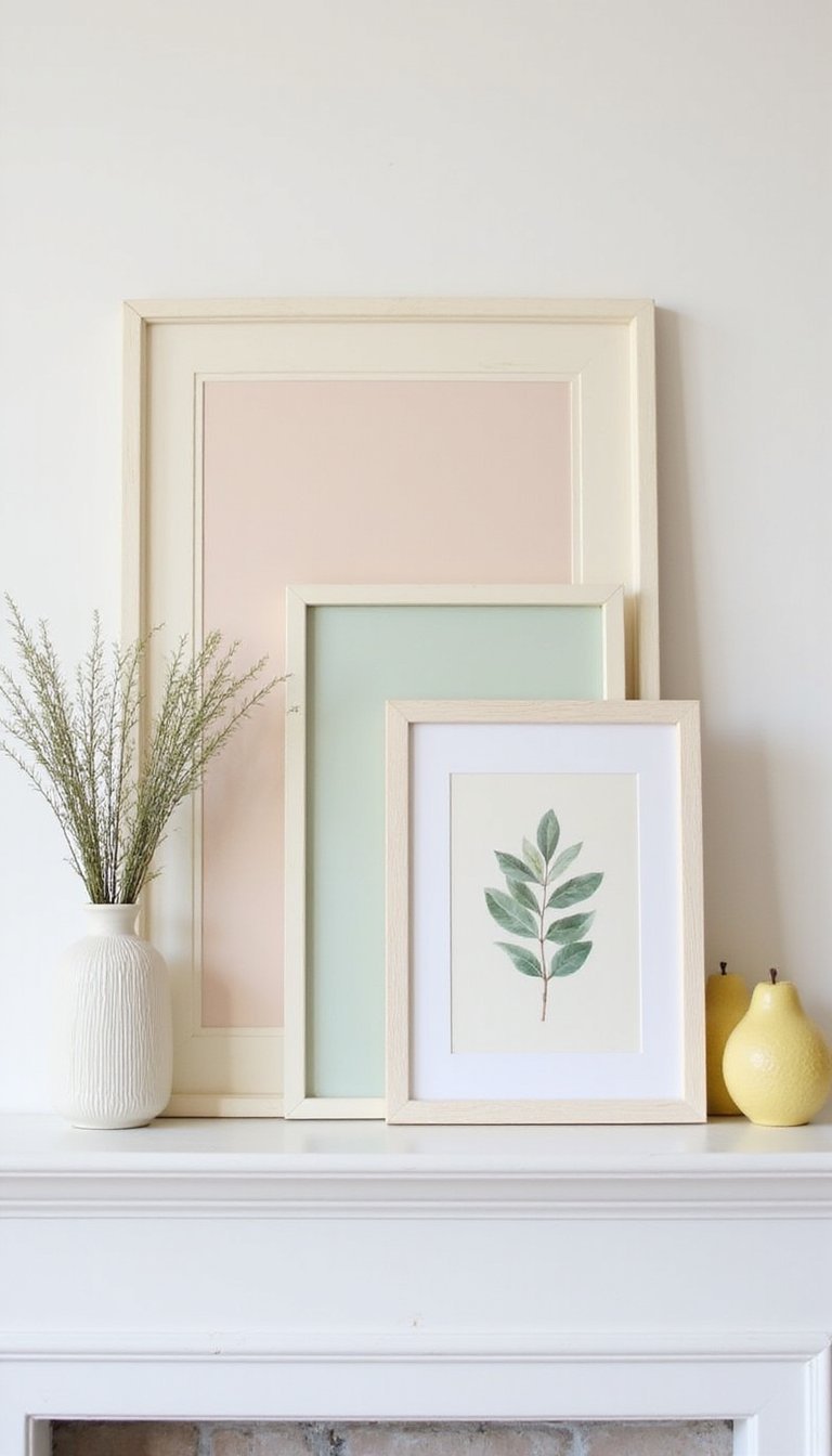 Layered Frames and Botanical Prints on Mantel