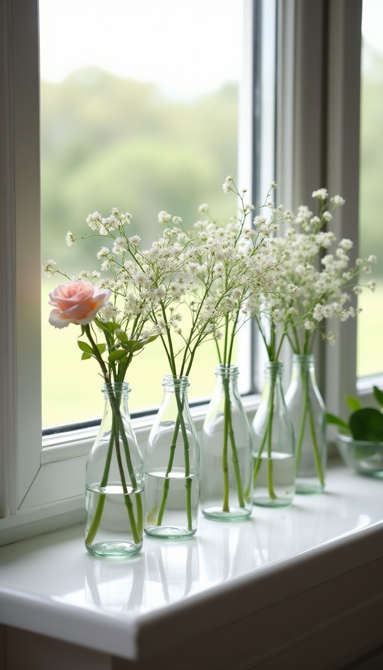 Mini bottles with single stem roses display