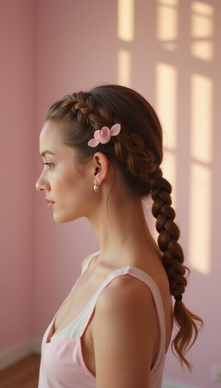 Braided Pigtail Half-Up With Heart-Shaped Clip