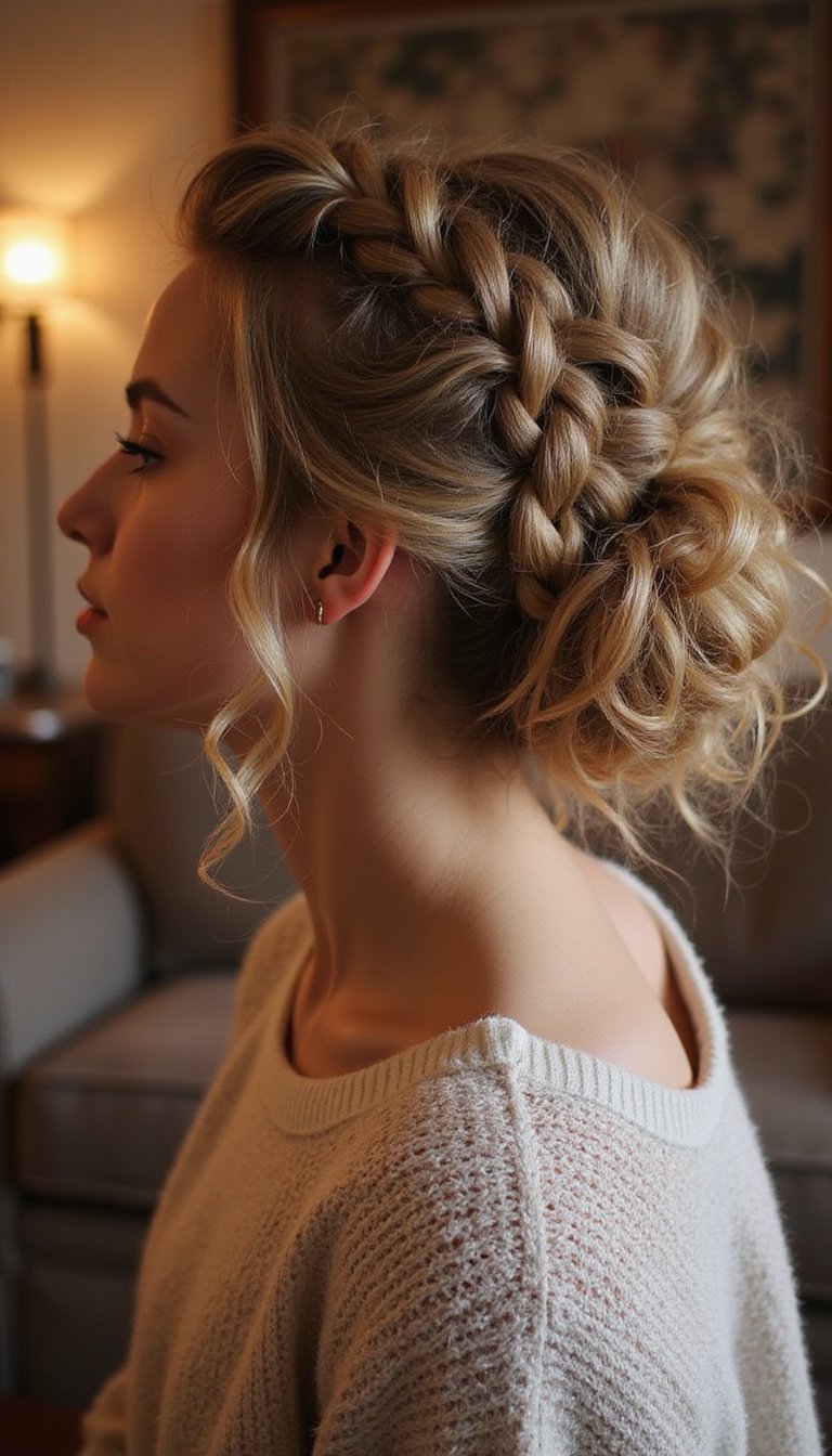 Messy Braided Updo With Loose Curly Strands
