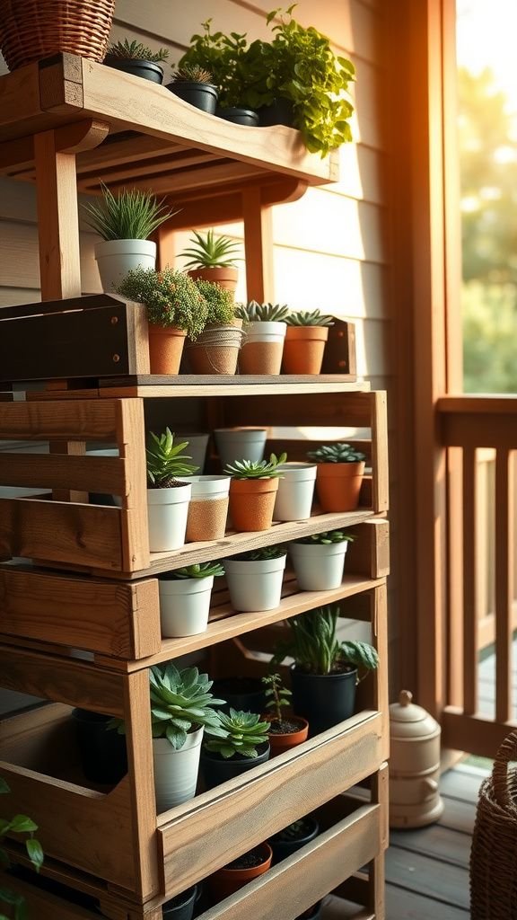 Crate shelf planter with mixed succulents and herbs
