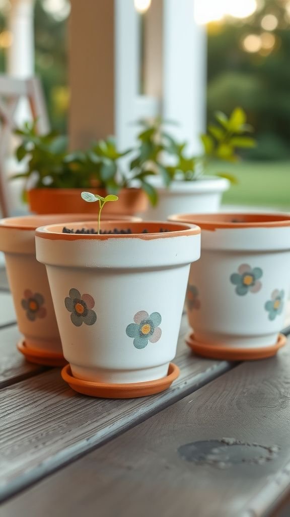 Hand-painted terra cotta pot set with floral accents