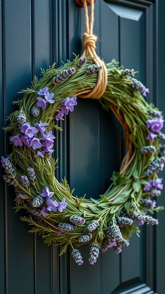 Herb wreath with lavender and rosemary sprigs
