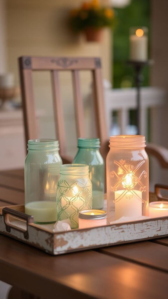 Lantern cluster using painted glass jars on a tray