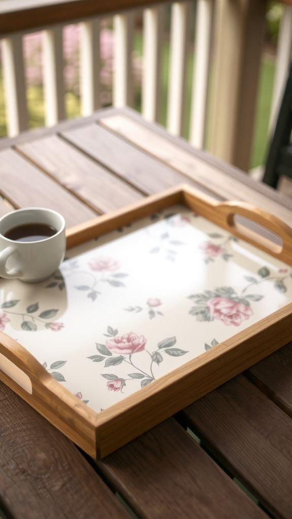 Napkin decoupage tray for morning coffees outdoors