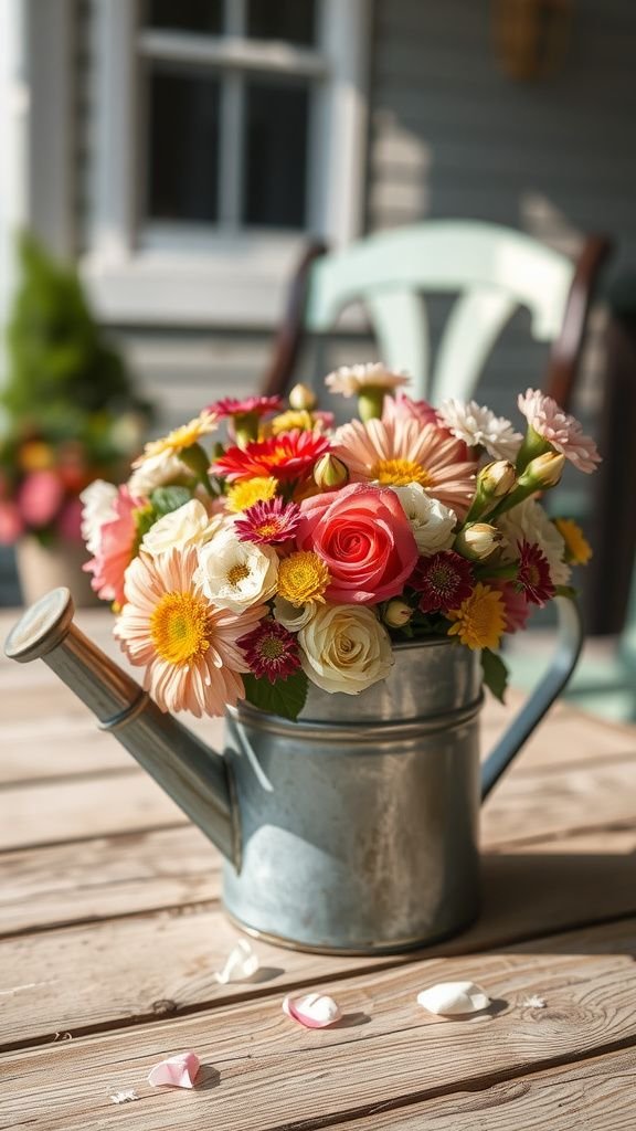Vintage watering can turned floral centerpiece