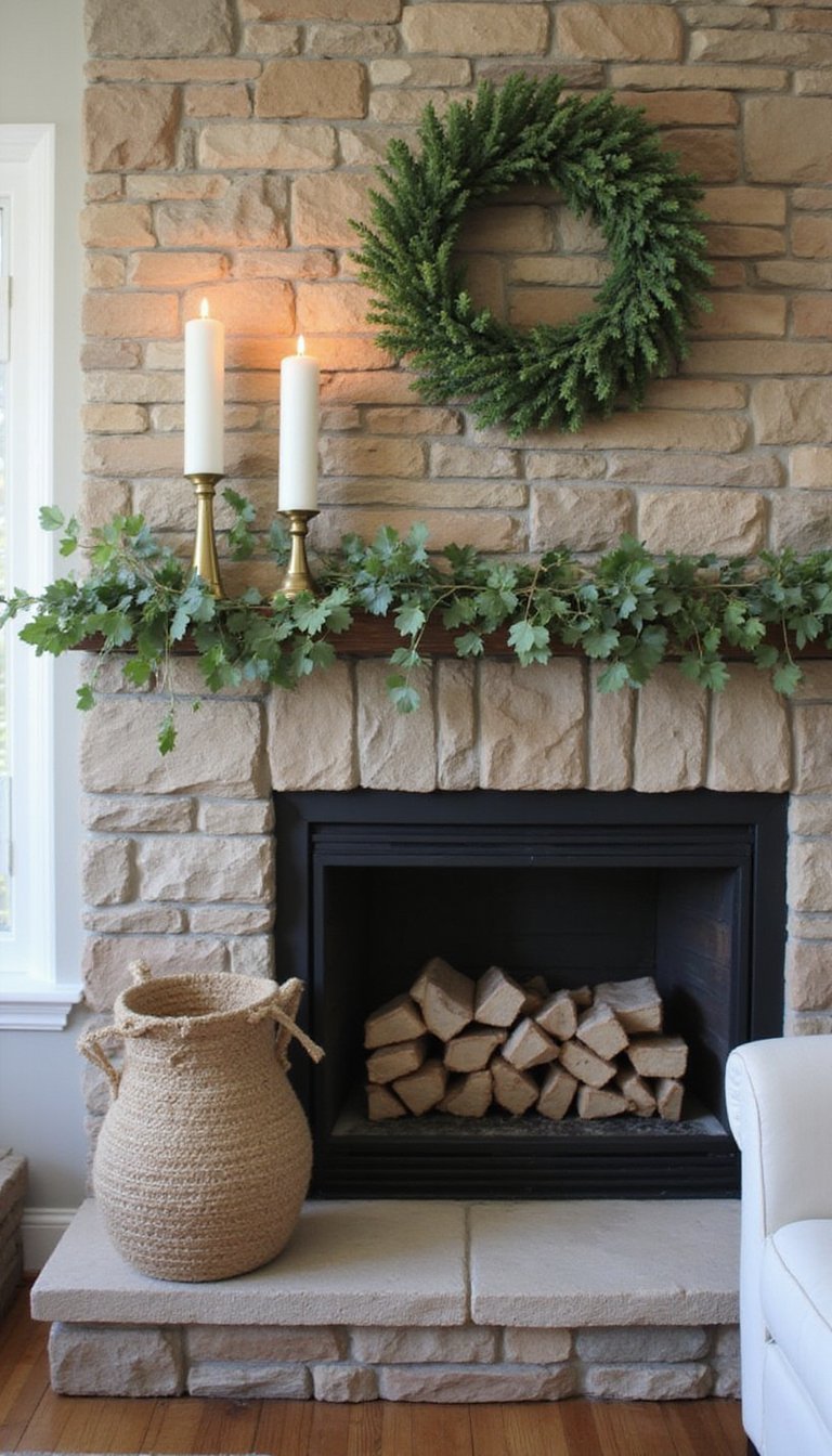 Rustic mantel display with eucalyptus and shamrocks