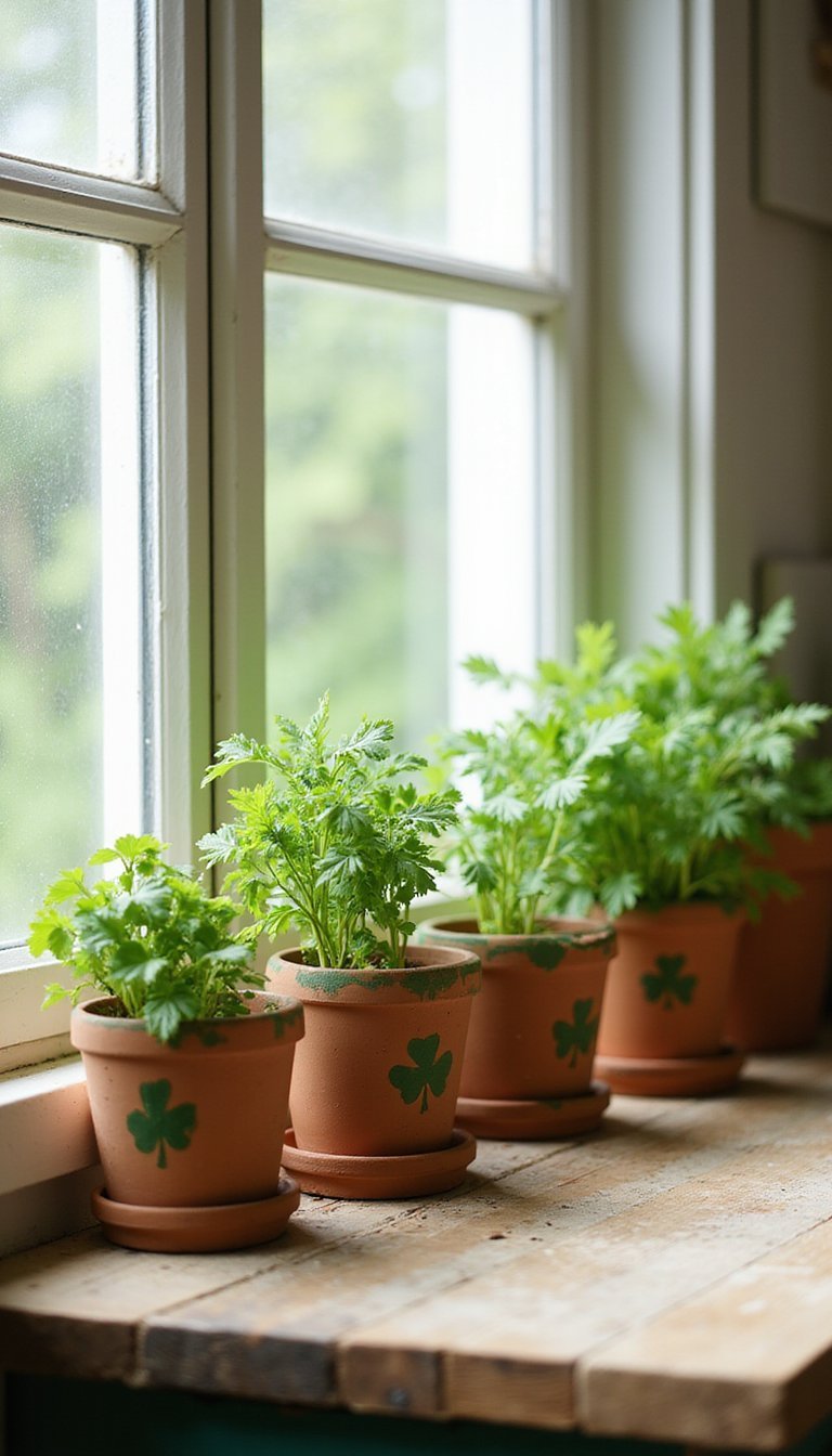 Terracotta pots painted with tiny shamrocks