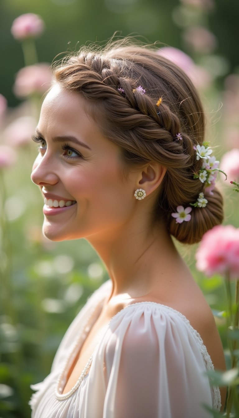 Dutch Braids Into A Low Floral Bun
