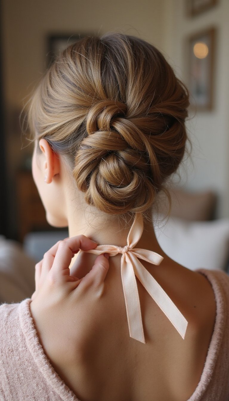 Low Braided Bun With Ribbon Weave