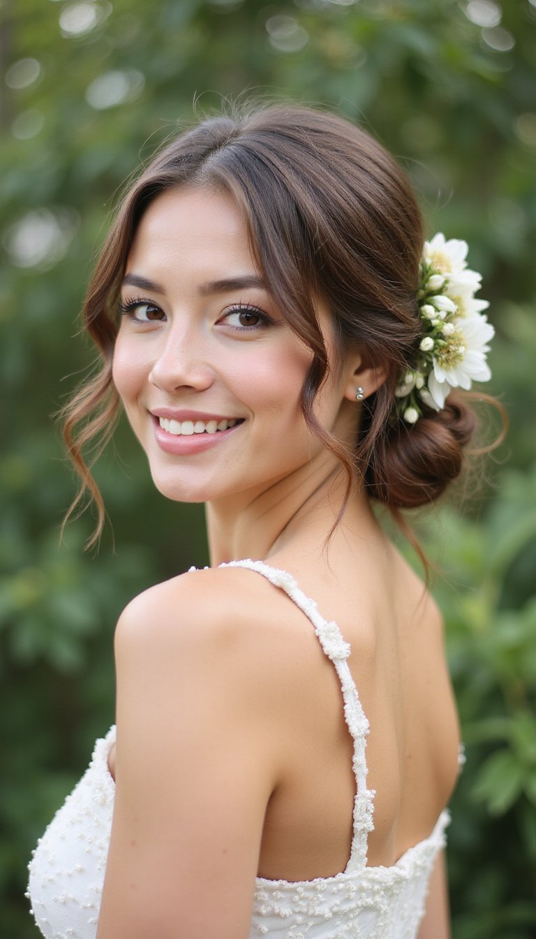 Low Chignon With Tiny Fresh Flowers