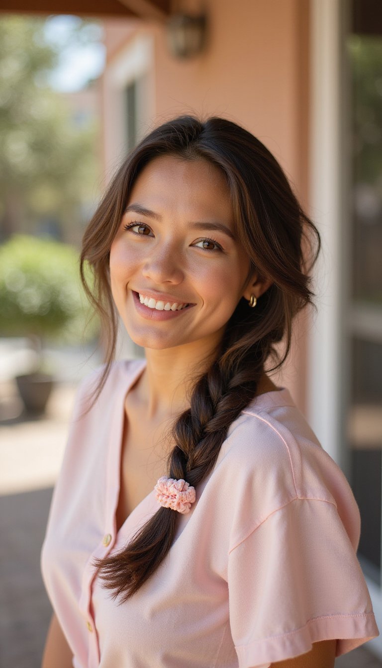 Low Messy Braid With Pastel Scrunchie Accent