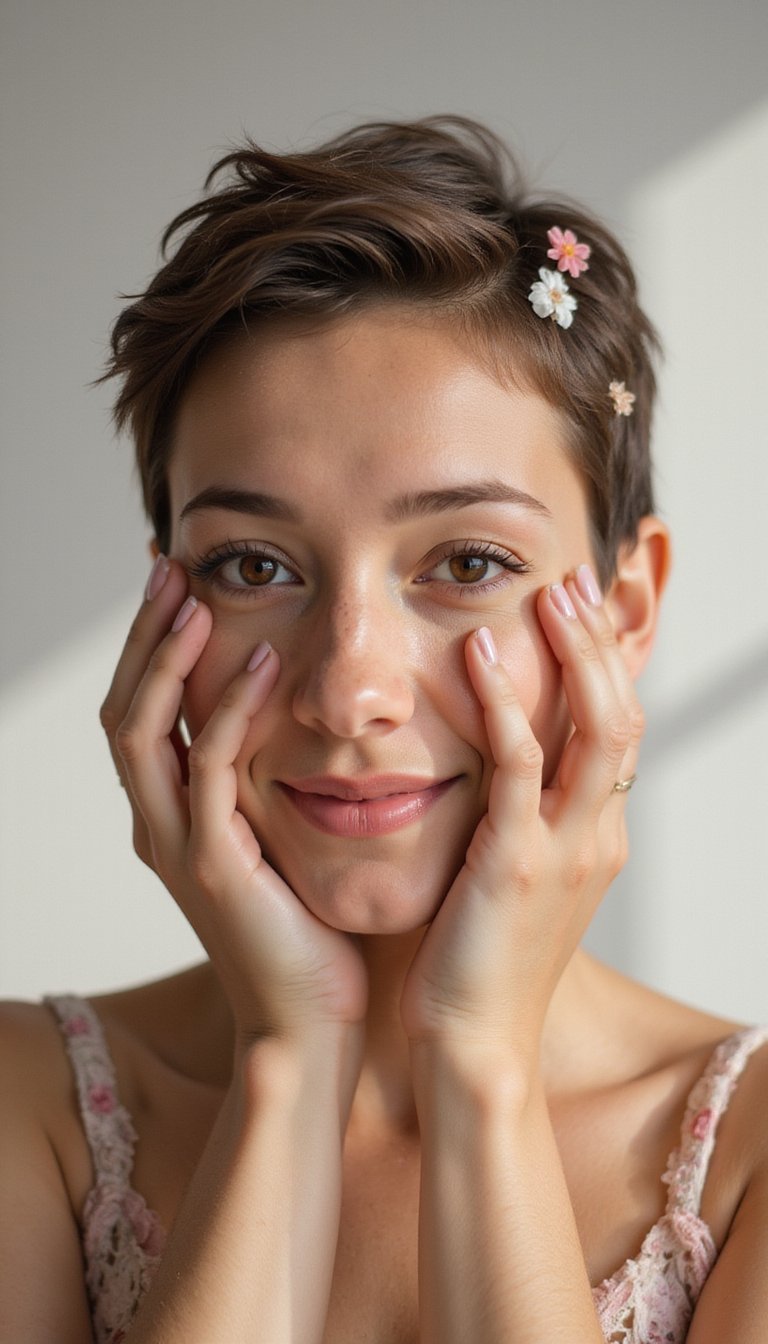 Pixie Cut With Floral Hair Clips