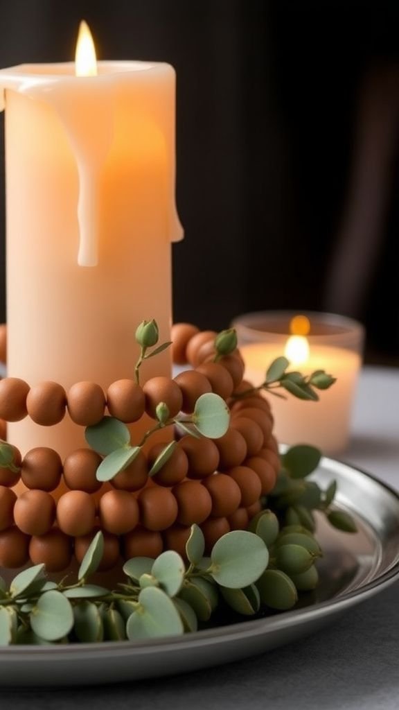 Candle centerpiece with beaded ring detail