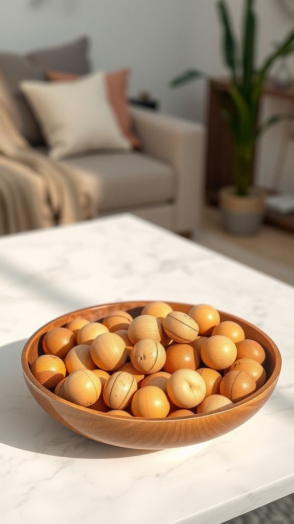 Decorative bowl filler made from wooden bead spheres