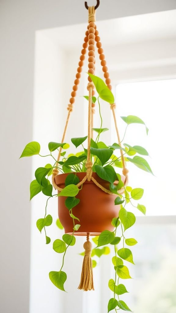 Hanging plant holder with bead accents