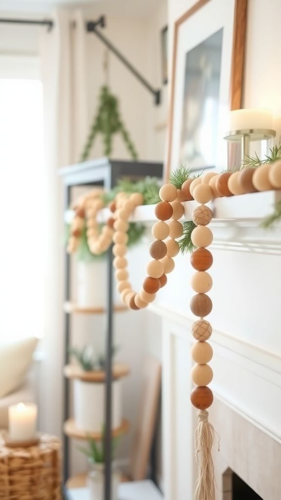 Neutral mantel garland with mixed bead sizes