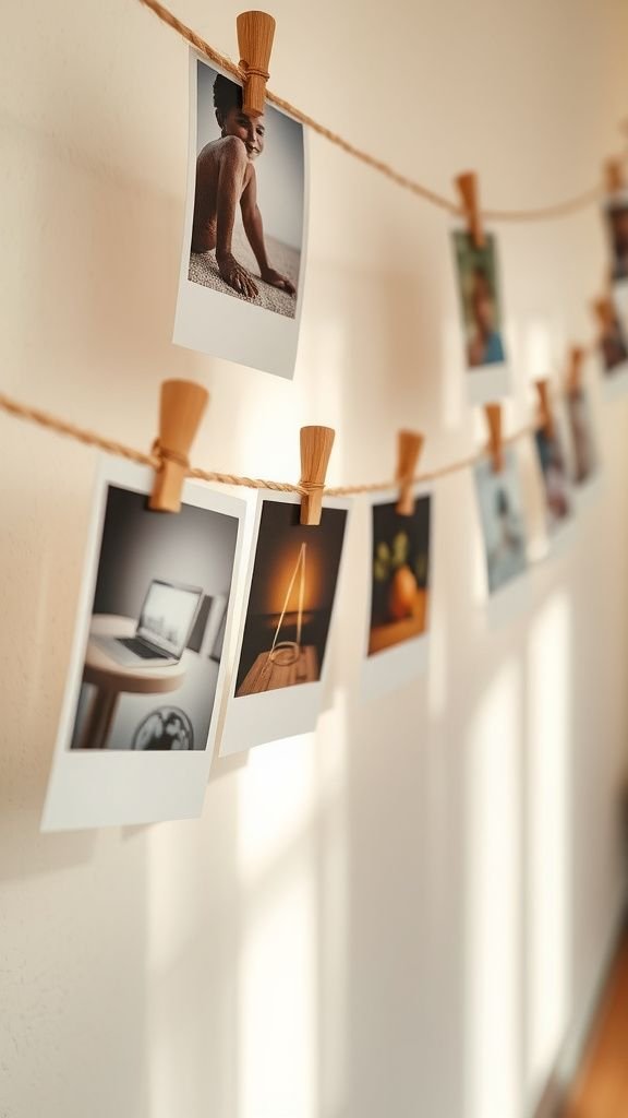 Photo display string threaded with wooden beads