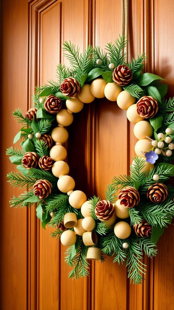 Seasonal wreath threaded with wooden beads